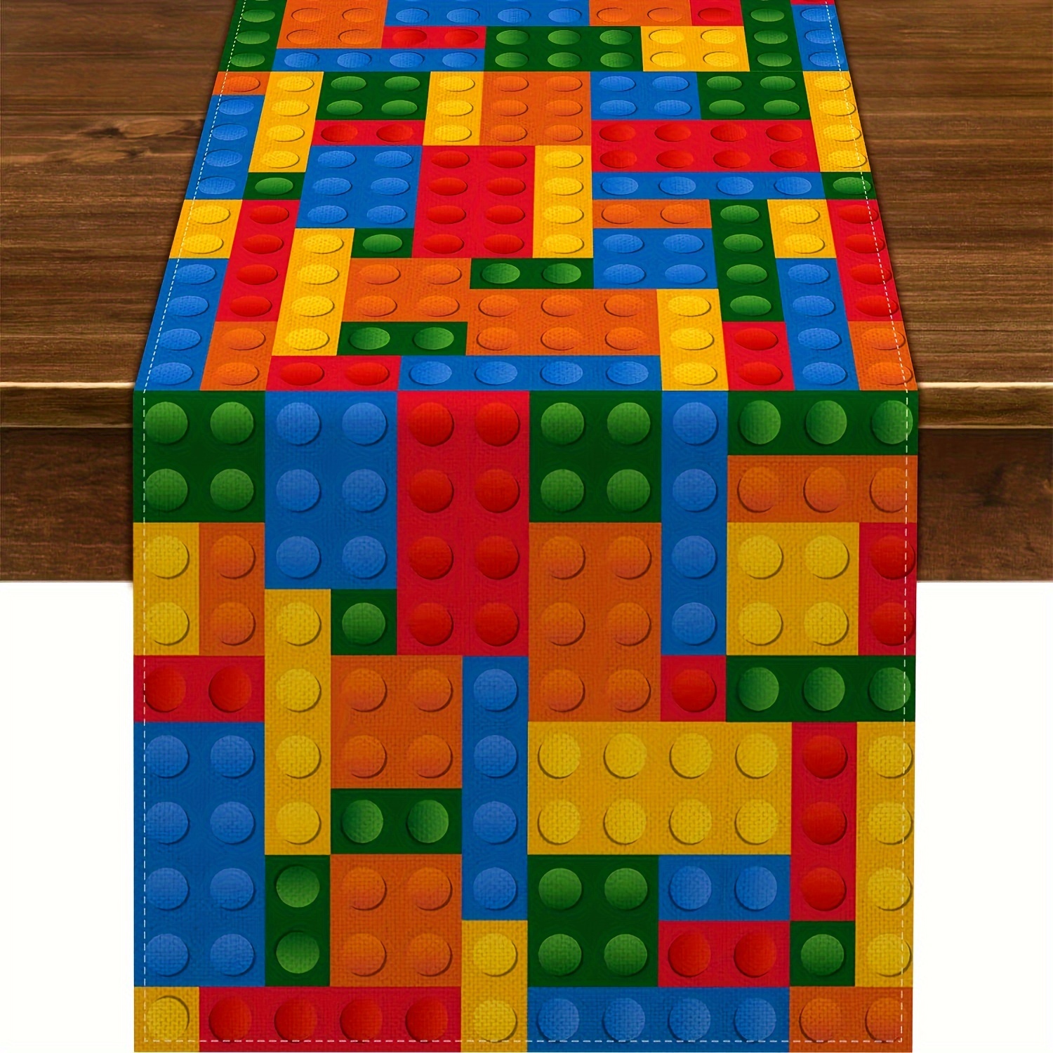 

1pc Vibrant Multicolor Building Block Table Runner - Dynamic Birthday Party & Classroom Home Decor - Durable Woven Polyester, Rectangular Shape