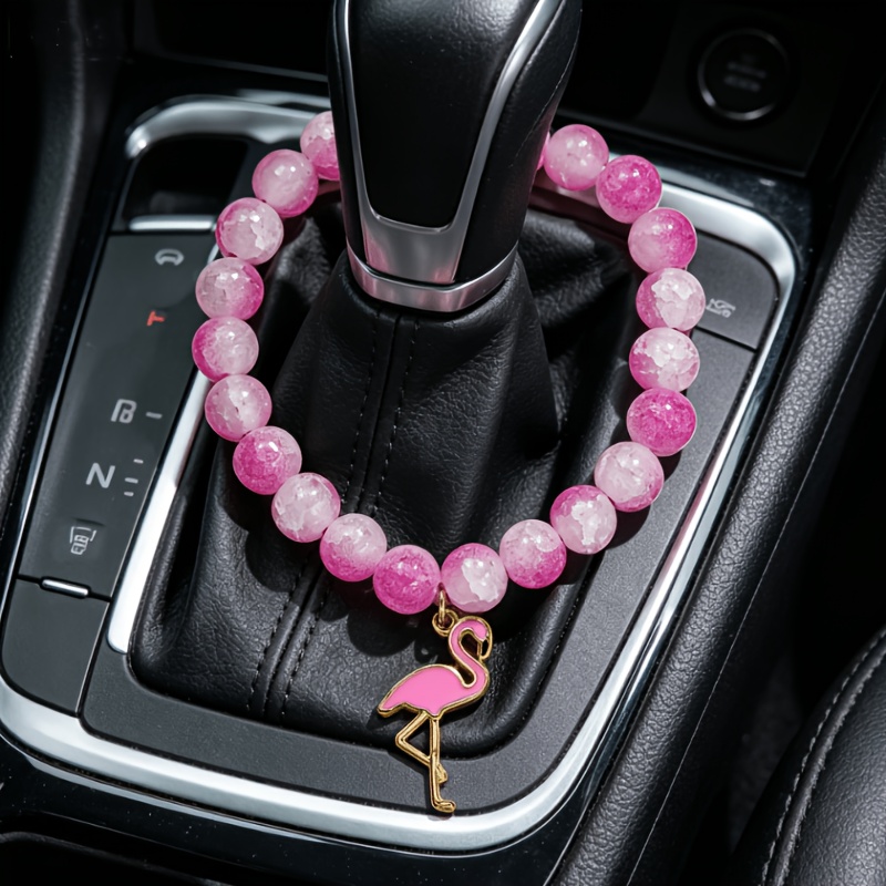 1pc Y2k Pink Flamingo Bead Car Interior Gear Shift Pendant Ornament Road Trip Auto Decor