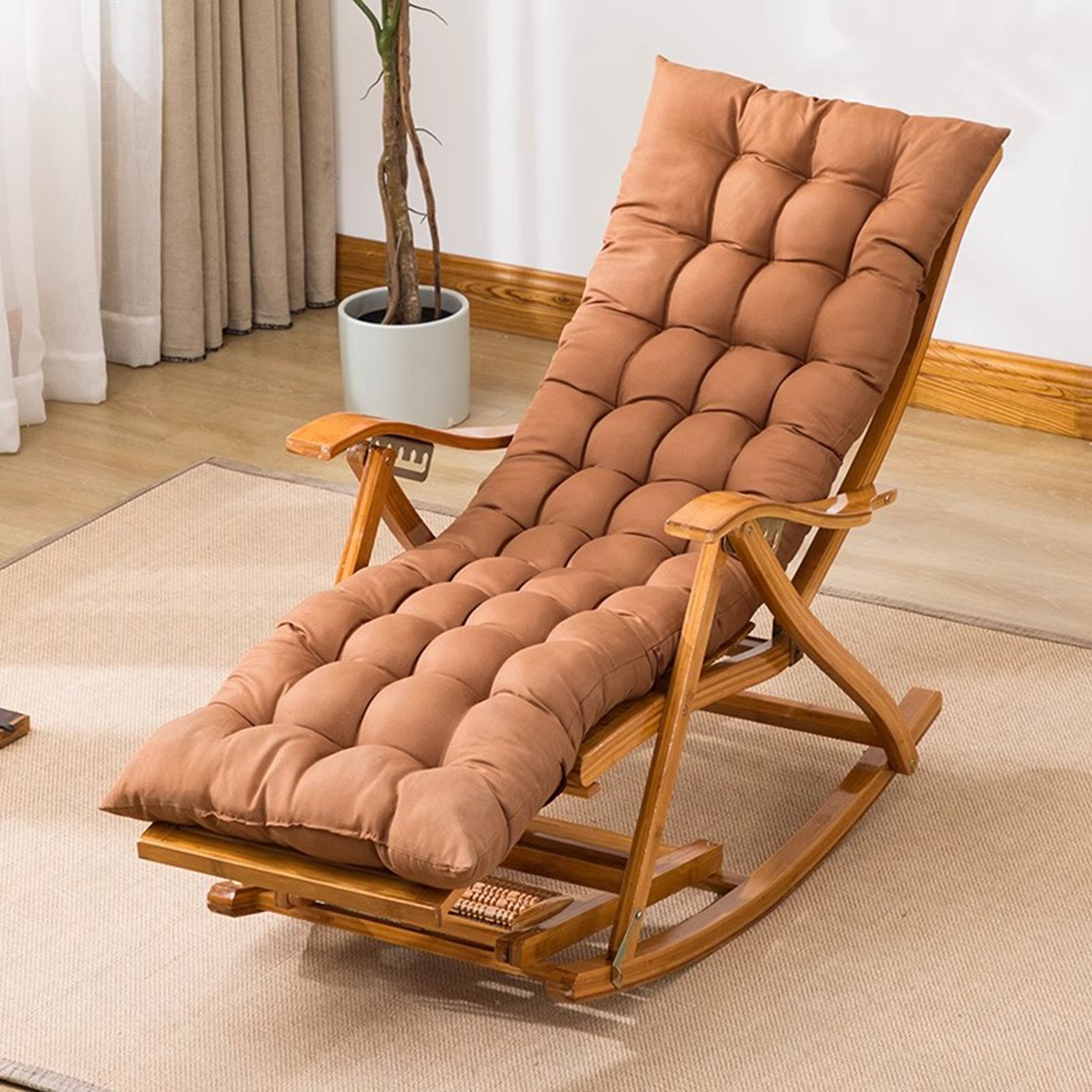5-position Adjustable Foldable Bamboo Rocking Chair With Extendable Massage Footrest & Detachable Cushion - Perfect For Garden, Pool, Balcony & Indoor Use