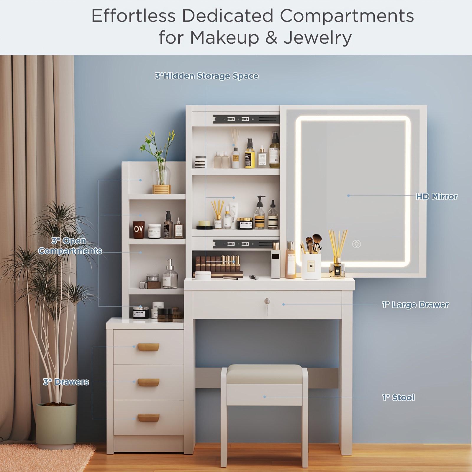 modern makeup vanity table set with sliding mirror led dressing desk with 4 drawer 4 drawers 6 hidden shelves and stool makeup desk for bedroom modern makeup table with mirror and chair white