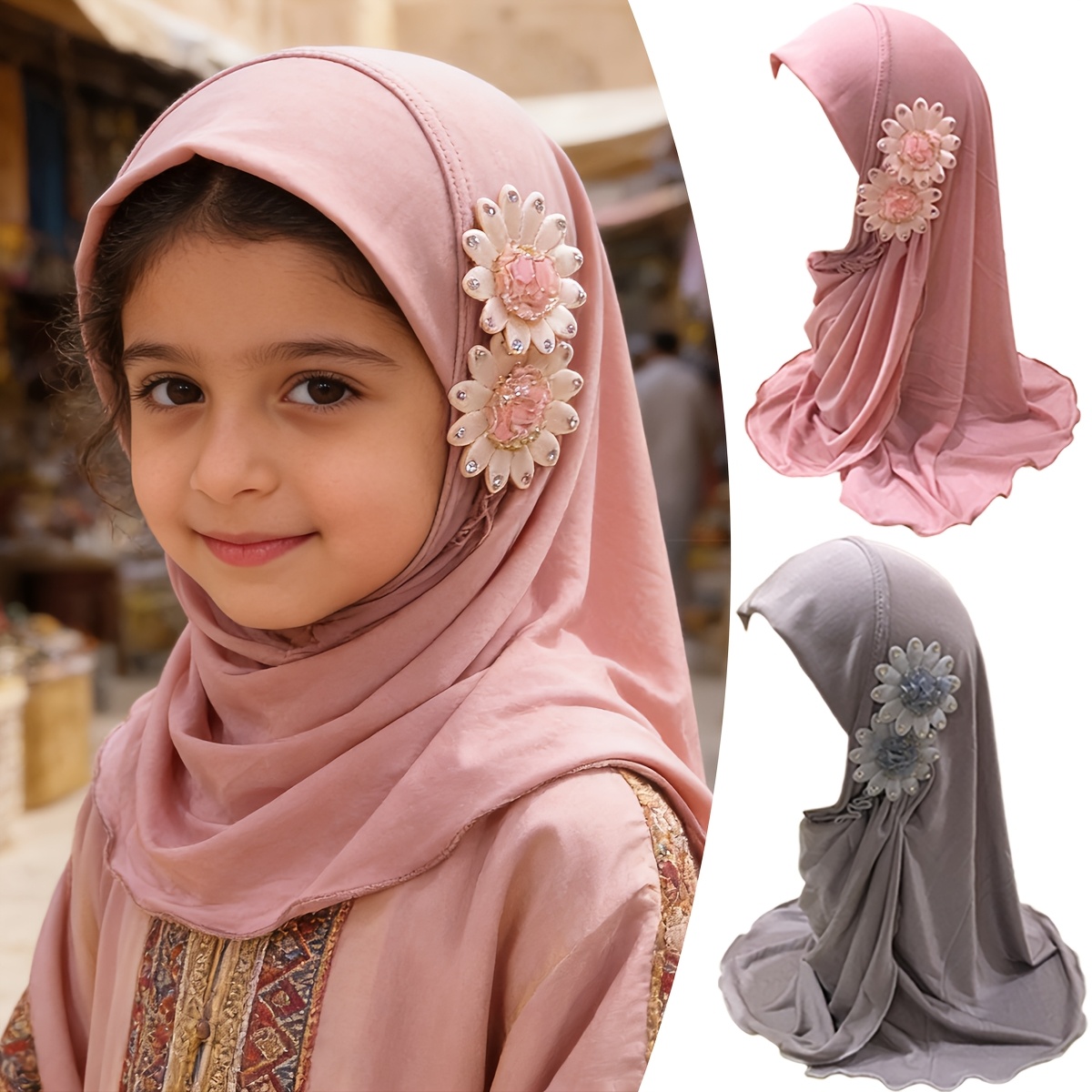 two flower covered headscarves inlaid flower and   headscarves malay hat headscarves beautiful headscarves for girls aged 2   prayer hats arab girls outdoor casual headscarves