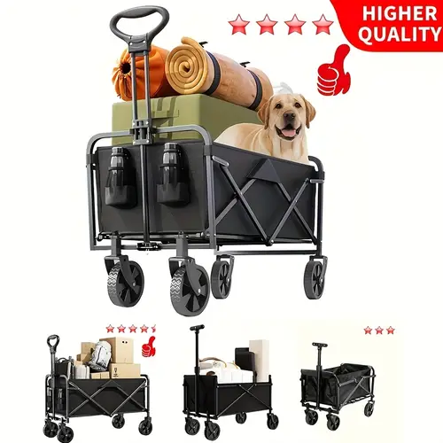 heavy duty all terrain foldable wagon cart large capacity foldable multi purpose cart with metal frame and plastic wheels for groceries beach gardening fishing no batteries required black