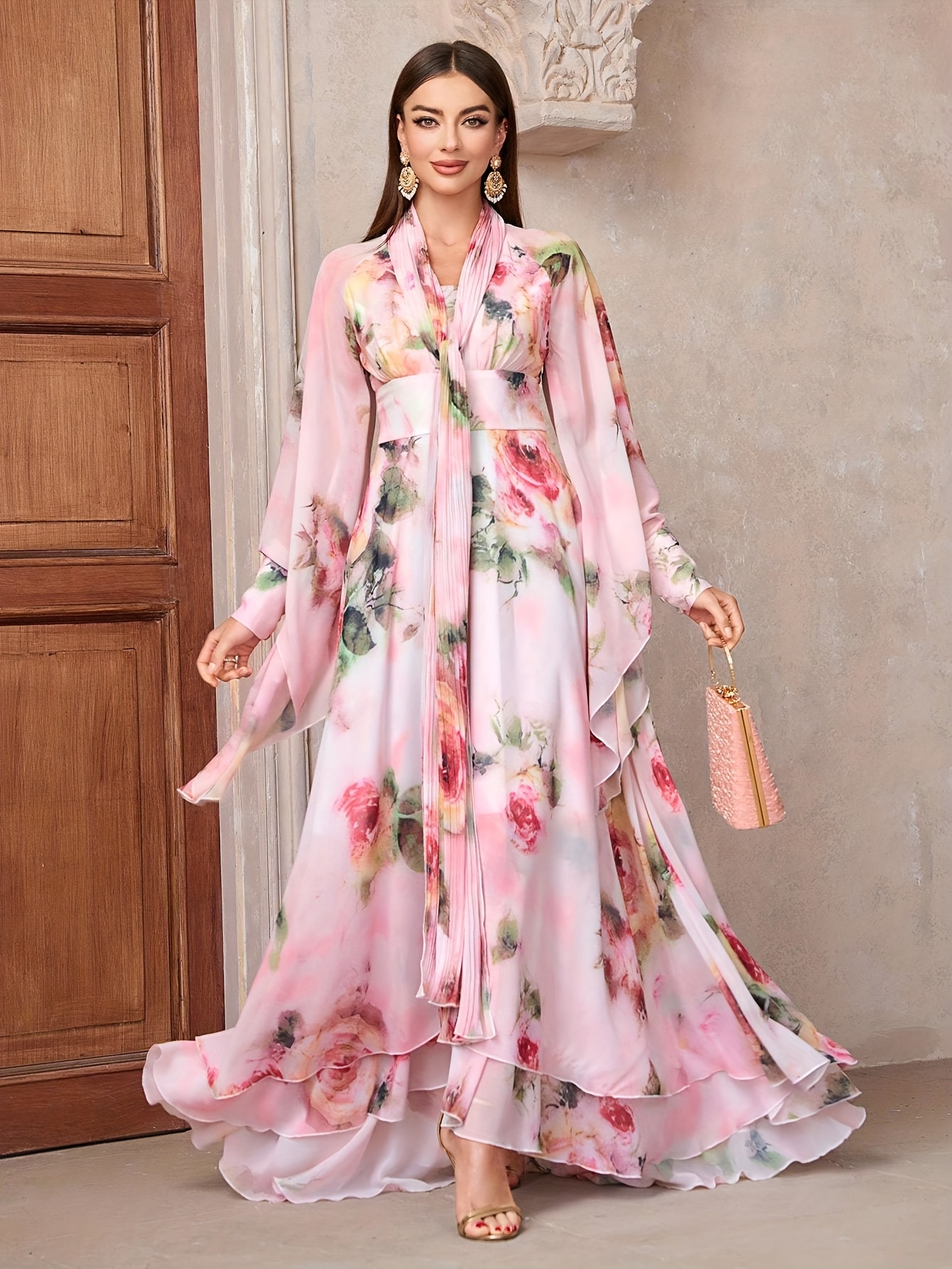 elegant floral maxi dresses Long Floral-Print Prom Dress with Puff Sleeves Cream / 6 main image 1