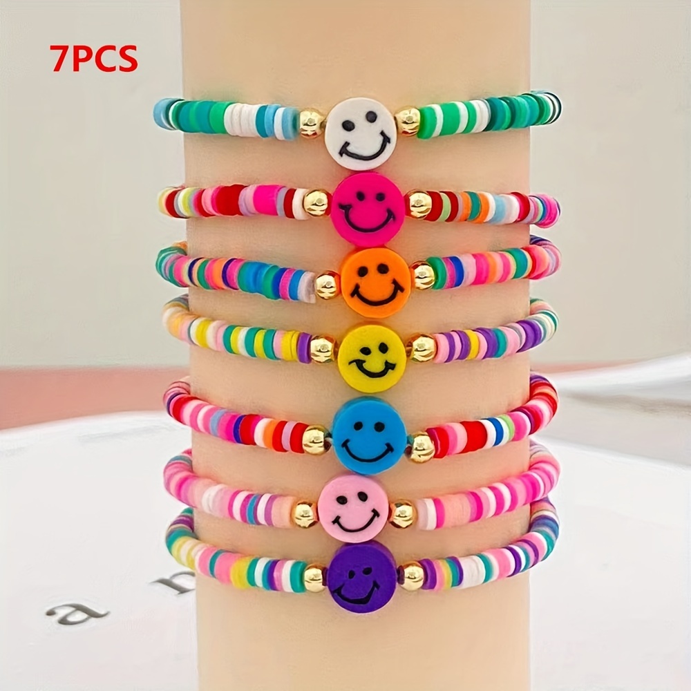 

7pcs Stylish Multicolor Polymer Clay Smiling Elastic Bracelet Set Unisex