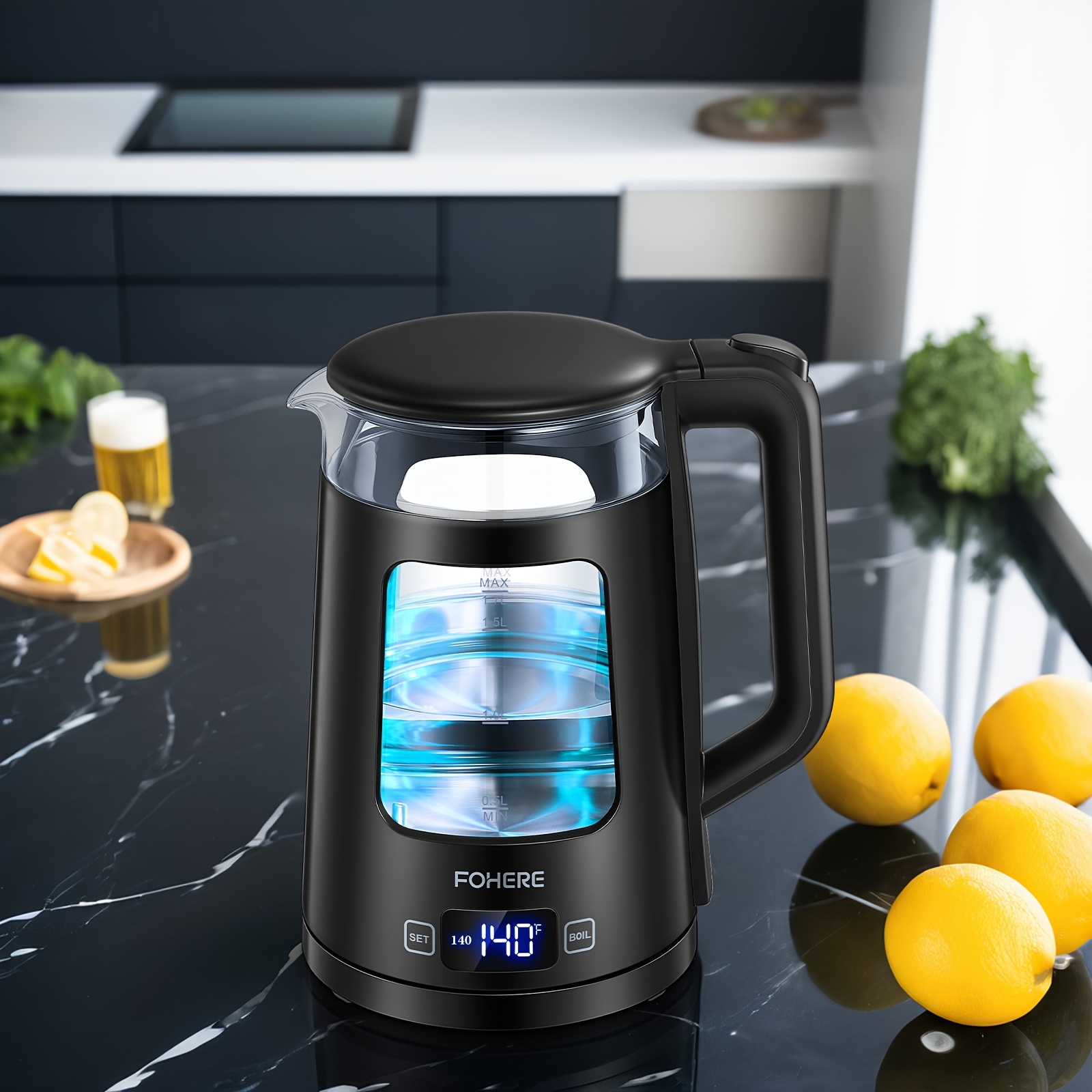 TEMU Electric Kettle, 1.7l Glass Tea Kettle, With , 5 Temperature Control, 2200w Fast Boil, Auto Shut-off & Boil-, With 5 Colored Lights, Hot Tea