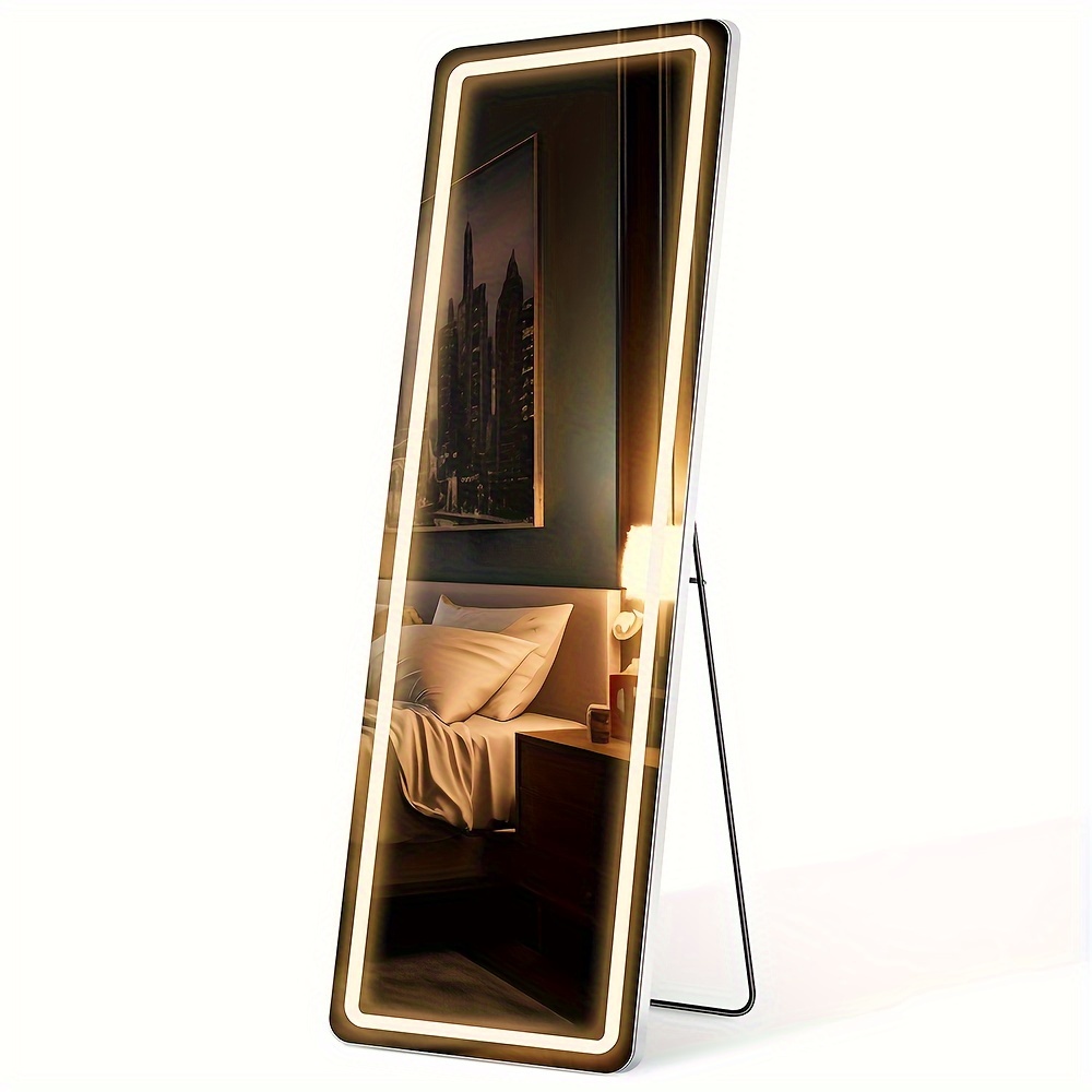 

Full Length Mirror With Led Lights, 64"x21" Lighted Floor Standing Mirror With Stand, Full Body W/dimming & 3 Color Lighting, Wall Mounted Hanging Aluminum Alloy Frame