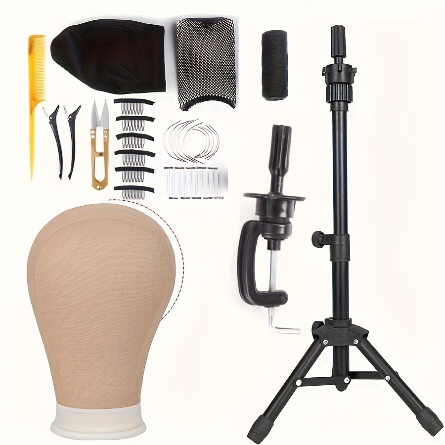 25.2inch Wig Stand With Training Mannequin Head Canvas Block Head Display Styling Mannequin Manikin Head Wig Stand Free Get T Needle Black Holder Wig Caps Hiar Net T pins C pins Set Sewing