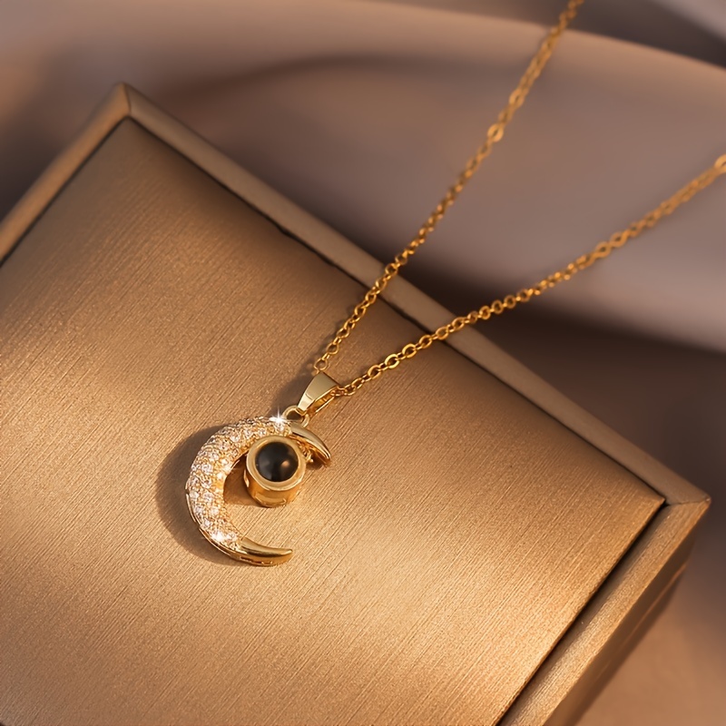   custom photo projection moon necklace   accented crescent pendant with black center stone personalized jewelry gift for mom wife girlfriend mother s day valentine s christmas moon jewelry special occasion accessory luxurious accessory     gift for eld gift for ramadan