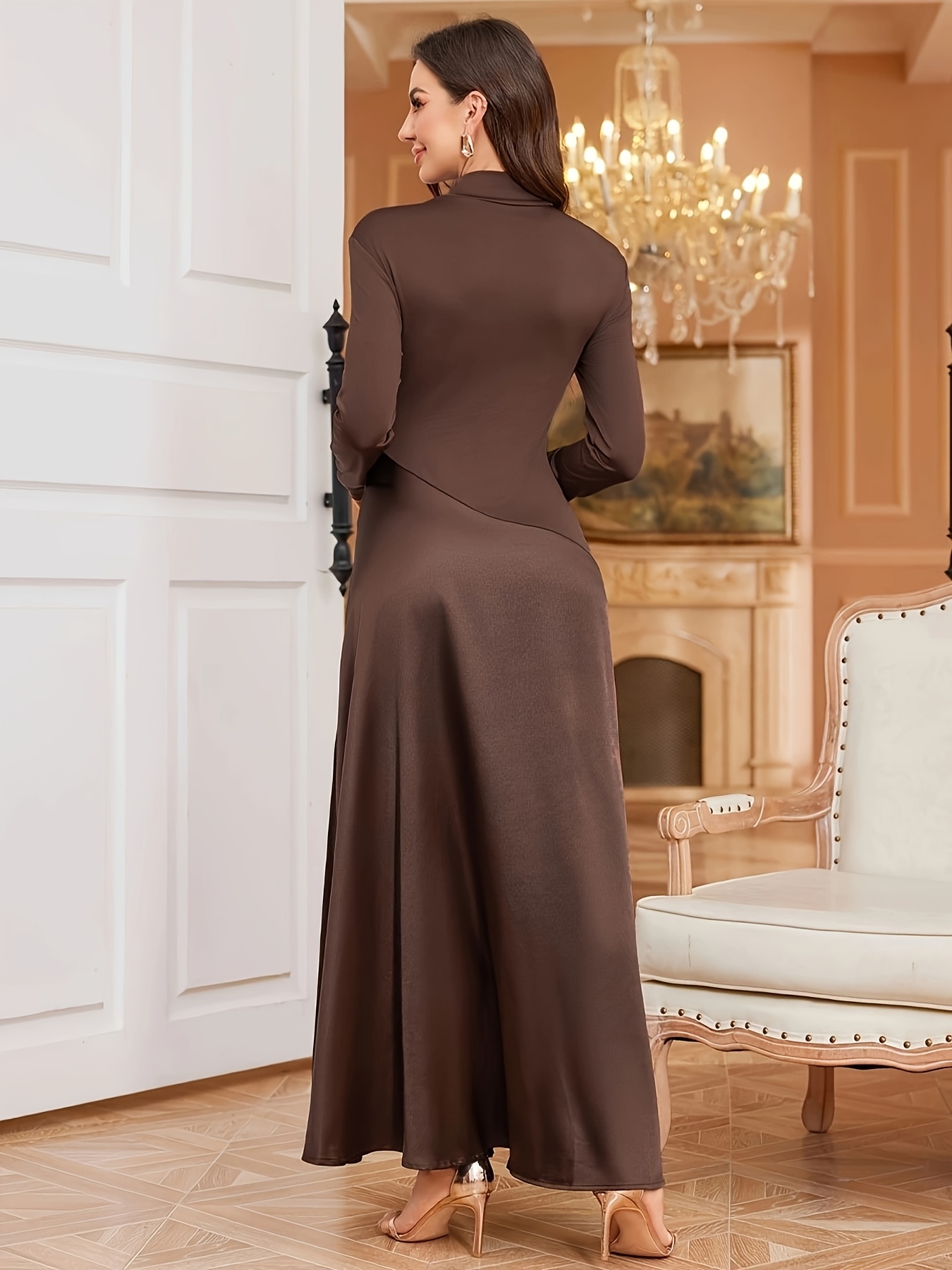 elegant high neck color fit flare long - Temu United Arab Emirates