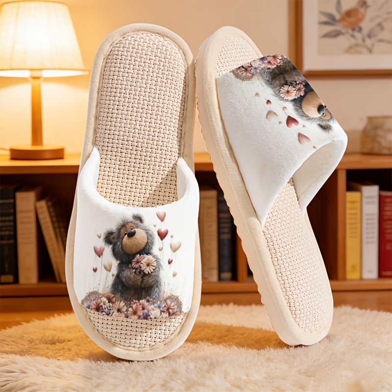 TEMU Spring And Autumn Breathable Open-toe Slippers, Unisex, Printed Design, Sweat-absorbent And Comfortable House Slippers, Women Shoes