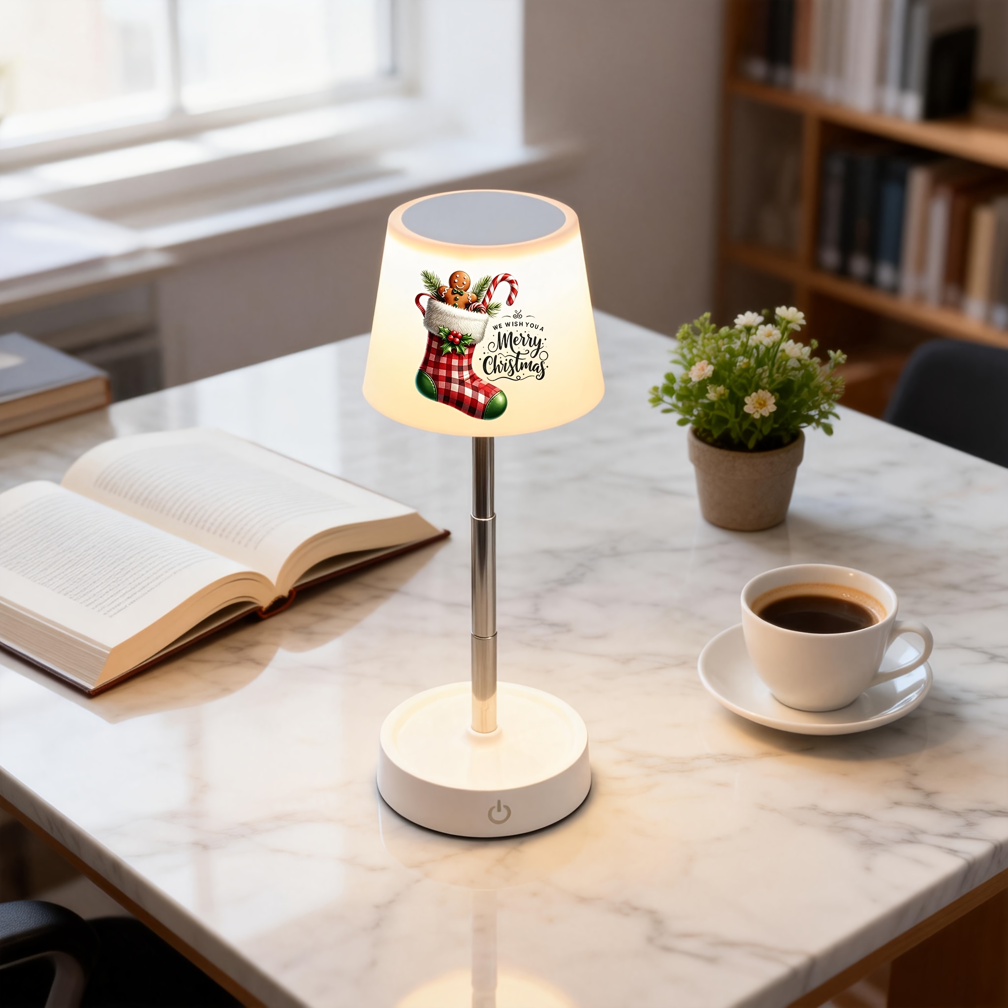 Red Plaid Christmas Stocking Gingerbread Man Print Office Lamp, Adjustable & Rechargeable