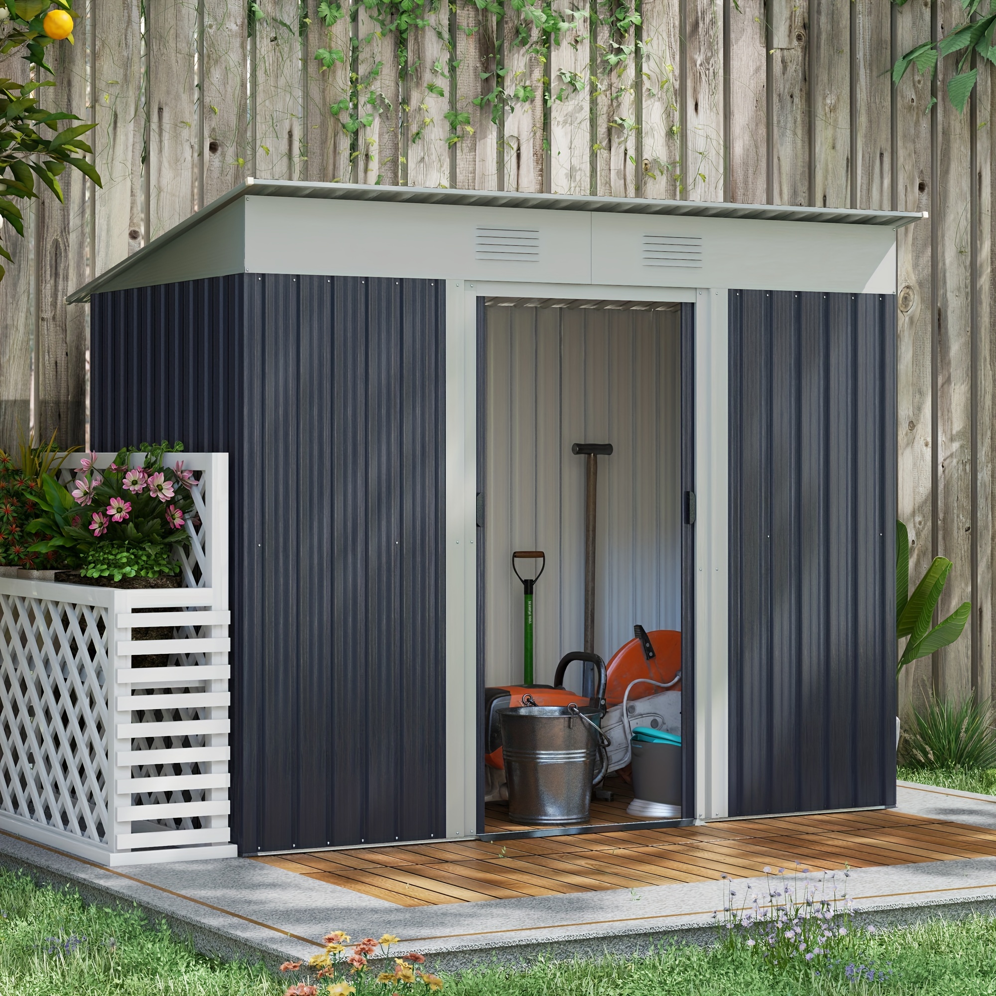 

Outsunny 7' X 4' Metal Lean To Garden Shed, Outdoor Storage Shed, Garden With Double Sliding Doors, 2 Air Vents For Backyard, Patio, Lawn, Gray