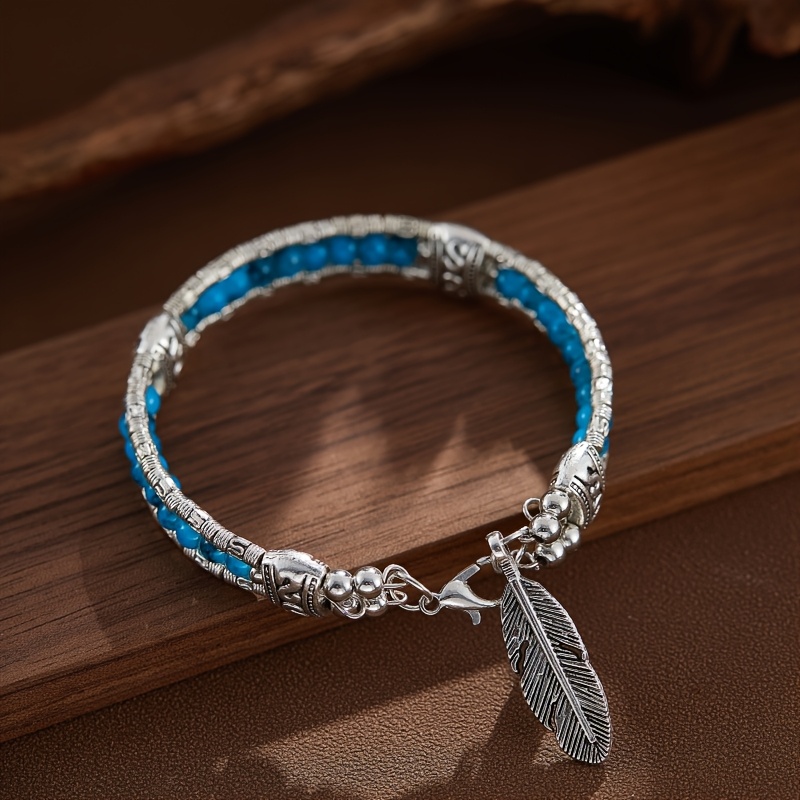 TEMU Bracelet pendentif à plume de style ethnique vintage, incrusté de turquoise, adapté pour les fêtes et pour offrir des accessoires de bijouterie