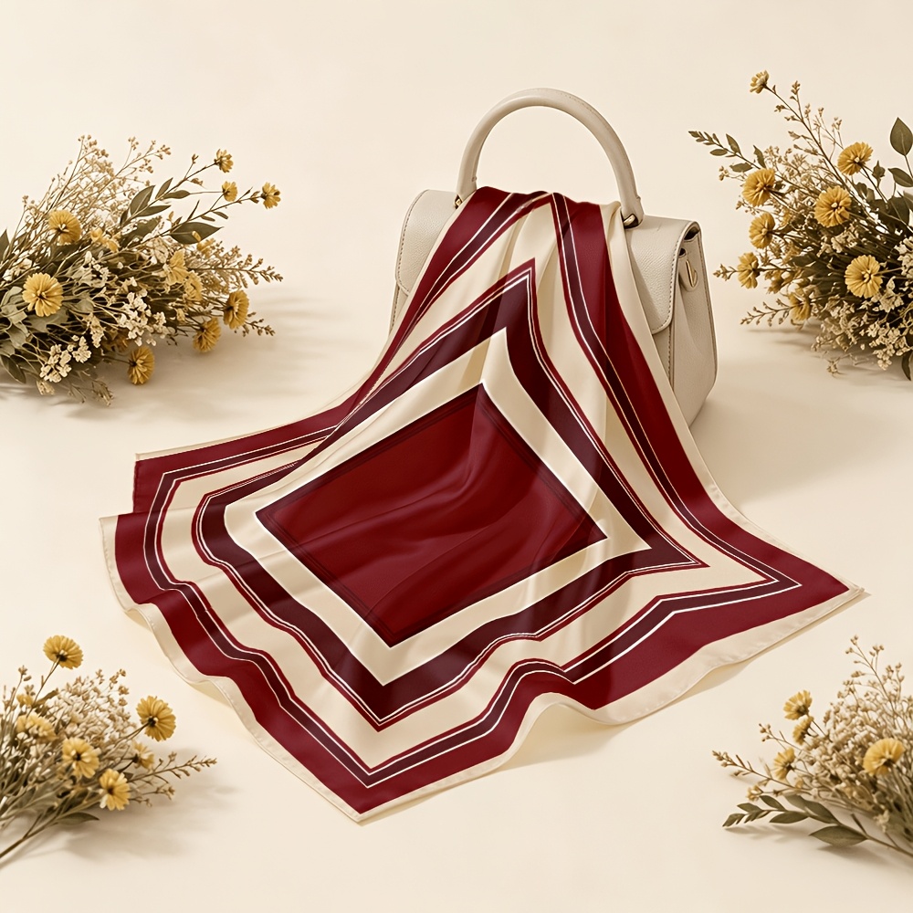 Wine Red Geometric Line Pattern Square Scarf for Women