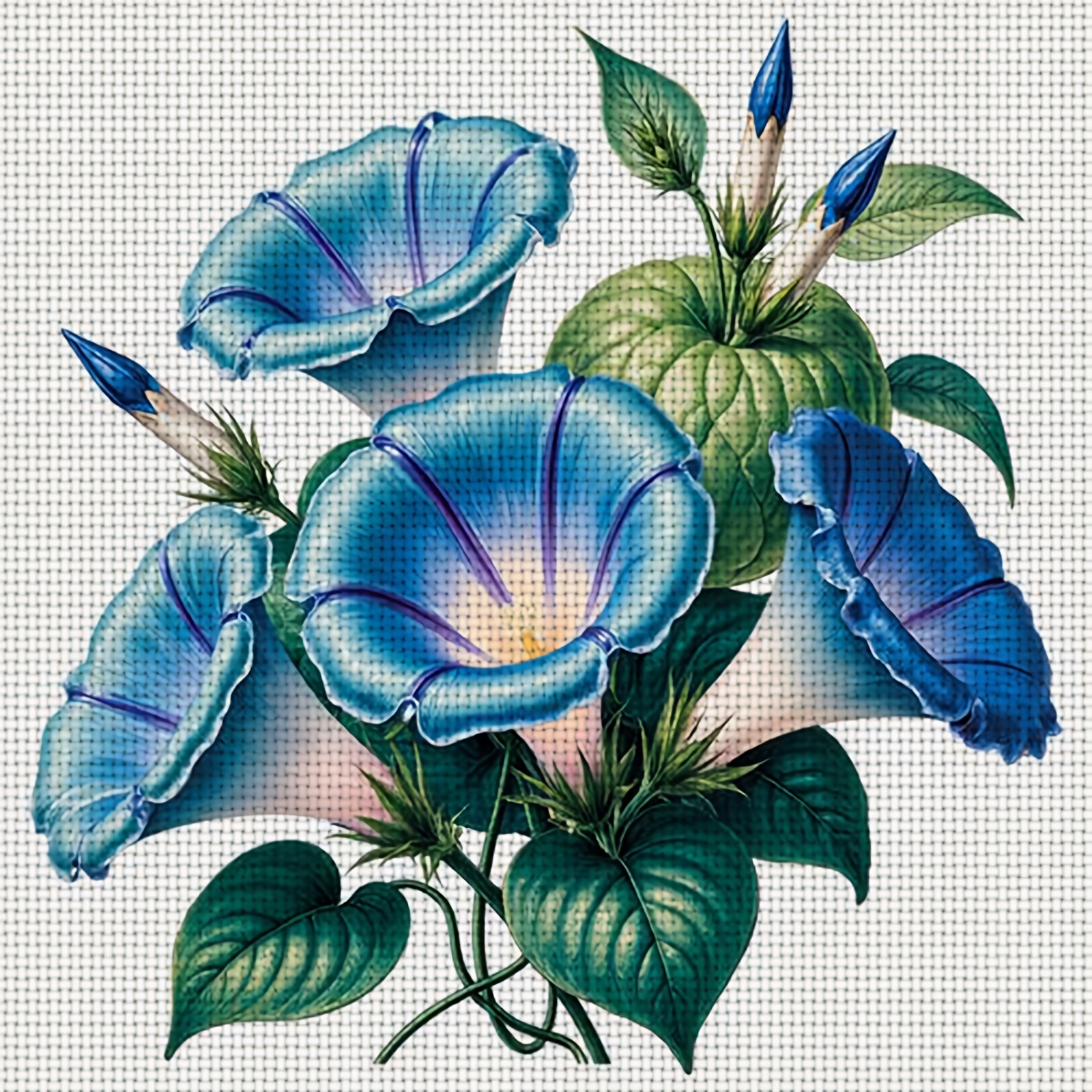 DIY Cross-Stitch Printed Kit, Blue Flowers and Green Leaves Floral Pattern
