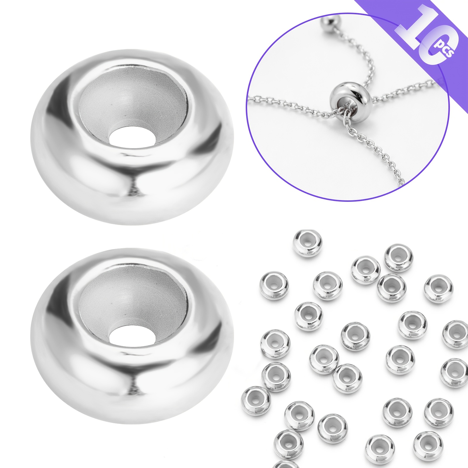 TEMU 10pz 8MM Perline Fermabrate in Acciaio Inossidabile per Braccialetti Portafavola, Perline Regolabili per Braccialetti, Distanziatori in Metallo,