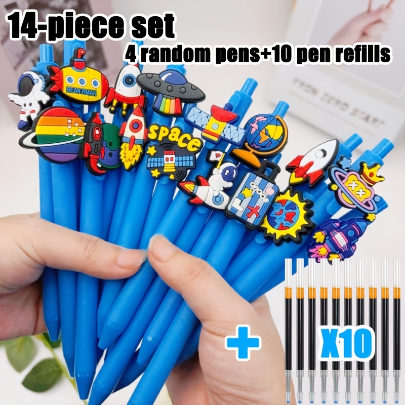 TEMU 14pcs Cartoon Astronaut Series Retractable Ballpoint Pen Set (random 4pcs Pens And 10pcs Refills) Comfortable Grip, Black Ink, Creative Office