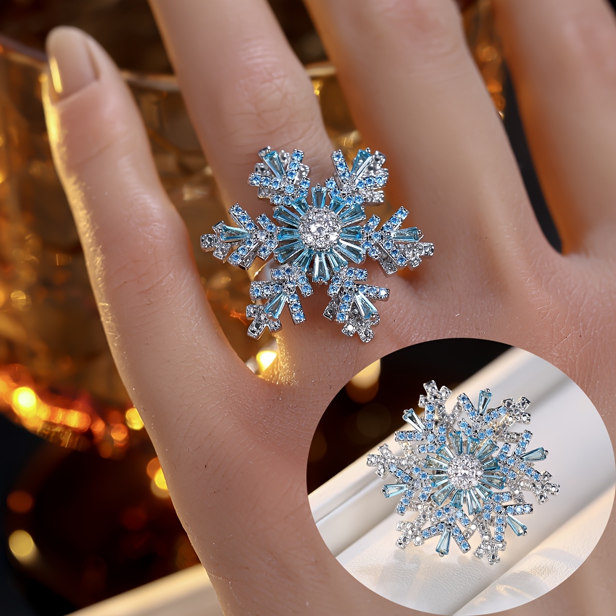TEMU 1 Luxurious And High-end Snowflake-shaped Open Ladies' Ring, Suitable For Parties And Banquets, A Holiday Gift For Women