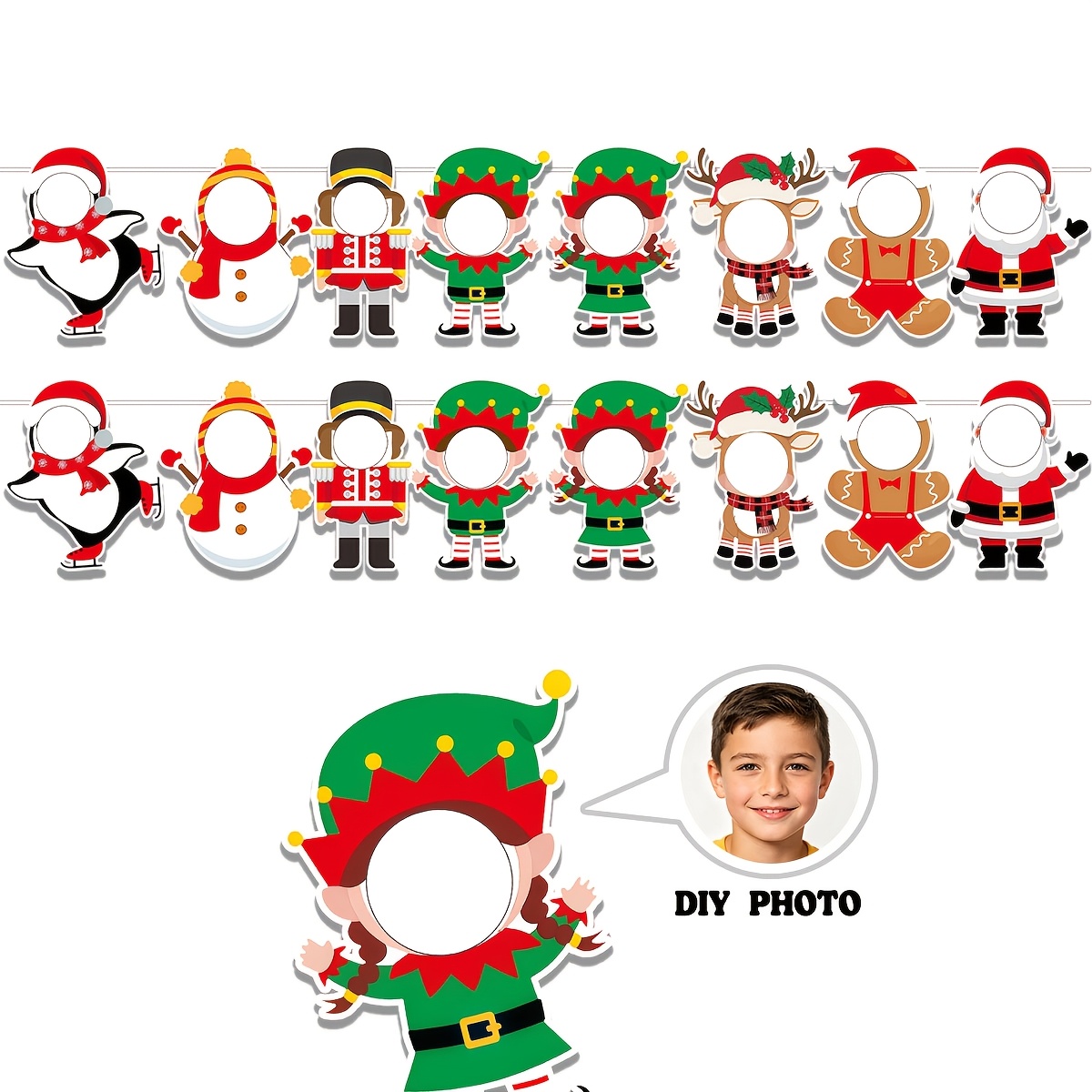 TEMU Guirlande de bannière photo à visage vierge DIY multi-personnages de Noël, bannière découpée de neige Elfe Pain d'épices Père Noël, fournitures