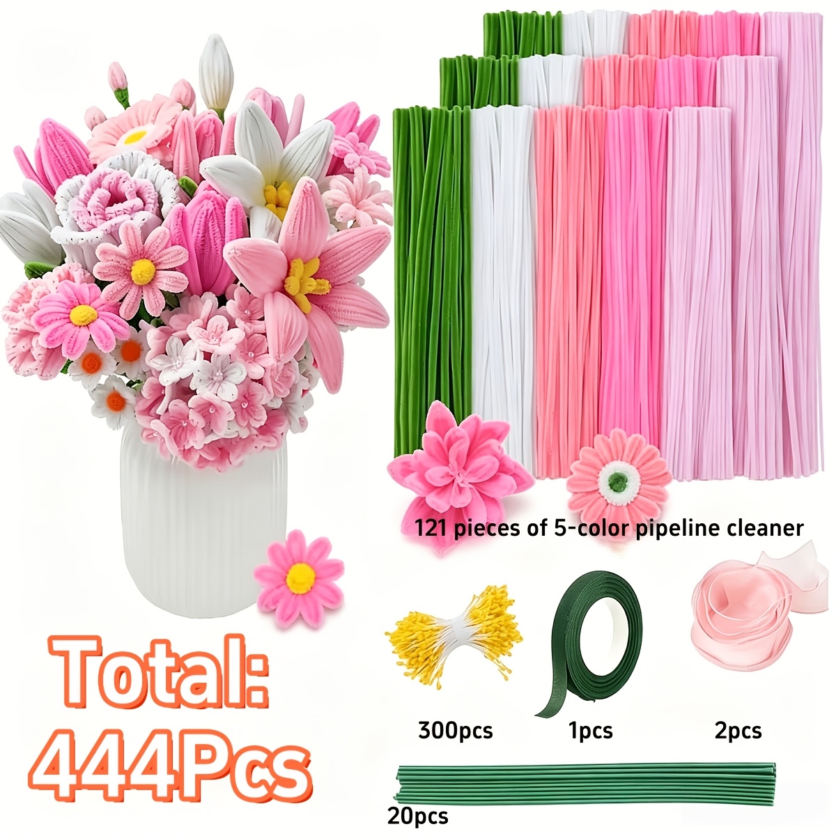 TEMU Ensemble de bouquet coloré de 444 pièces | Fabrication de matériel de fleurs de nettoyage de tuyaux avec vidéo de tutoriel, comprenant des tiges