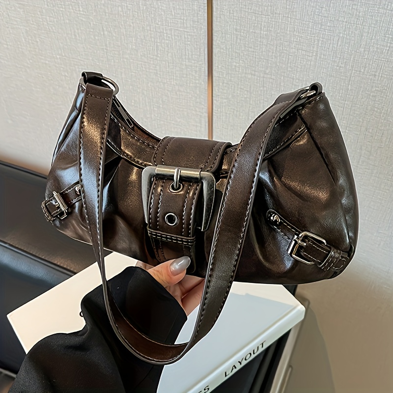Women's Dumpling Shoulder Bag - Glossy Half Moon Shape, Adjustable Strap, Vegan PU Leather, Red