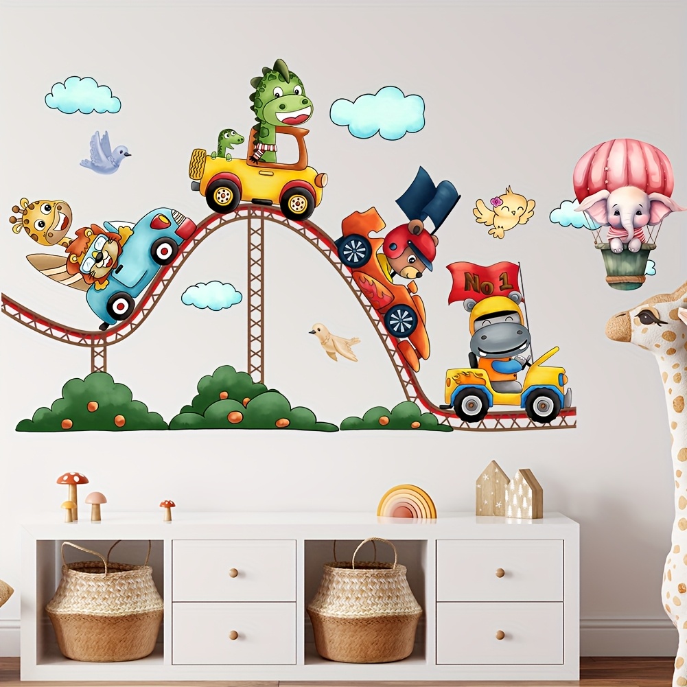 Image of Animal Car Track Decor Wall Sticker Dinosaur Elephant Hot Air Balloon Bedroom Living Room Background Wall Sticker