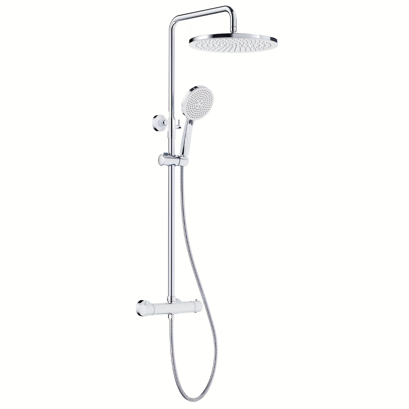 Thermostatic Shower System With Chrome End - Complete Set Includes 30cm Round Rain Shower Head, 5-jet Handheld Shower Height Adjustable (92-126cm)
