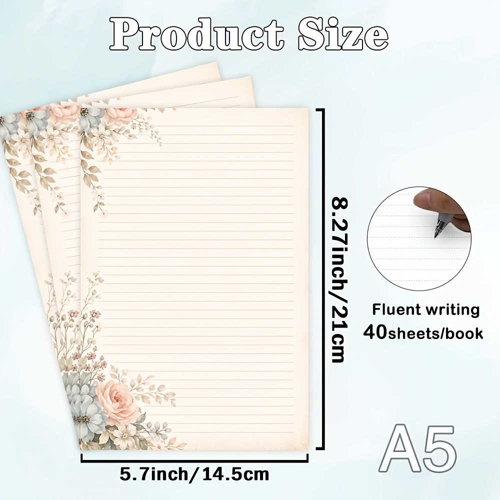TEMU 40 Sheets Letter Paper, Pastel Flowers Along Edges, Elegant Vintage Design, Stationery, Lined Journals, Planners, Paper, Etc