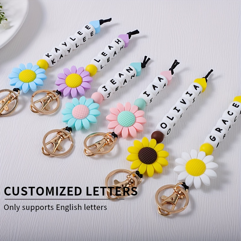 

Custom Silicone Alphabet Keychain With Flower Charm, Personalized Name Keyring, Beaded Letter Key Holder, Birthday Festival Gift With Lobster Clasp Closure - Single Piece