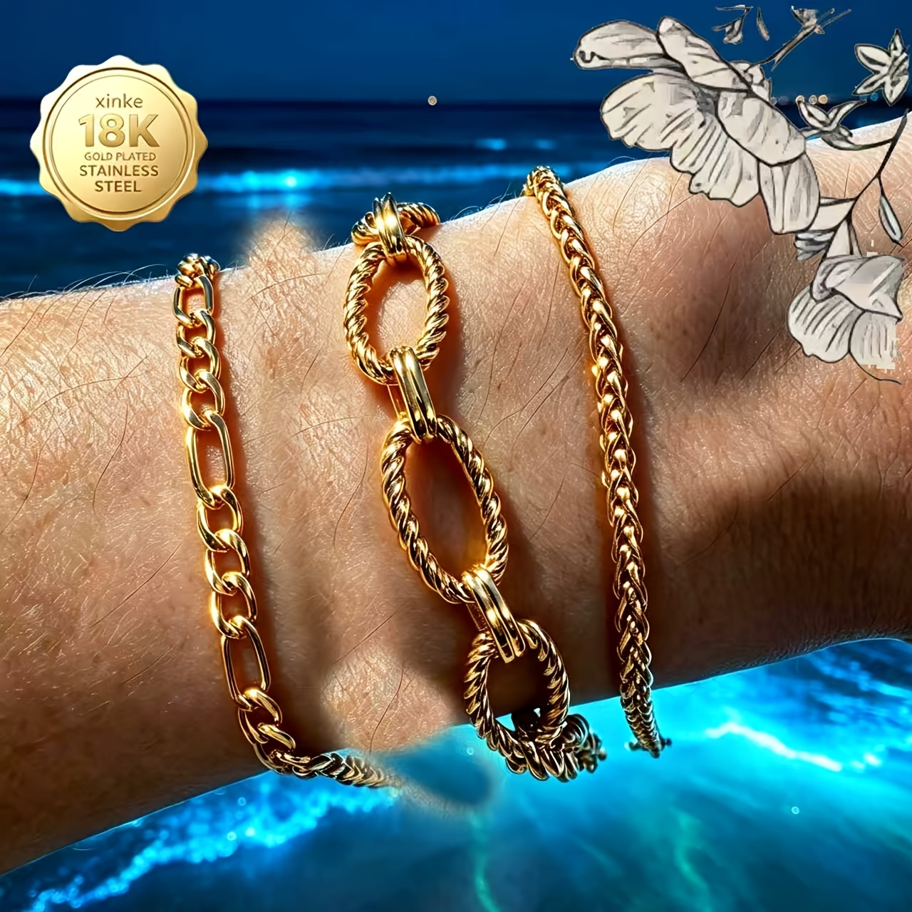 3pcs Set - 18K Plated Unisex Elegant Simple Bracelets