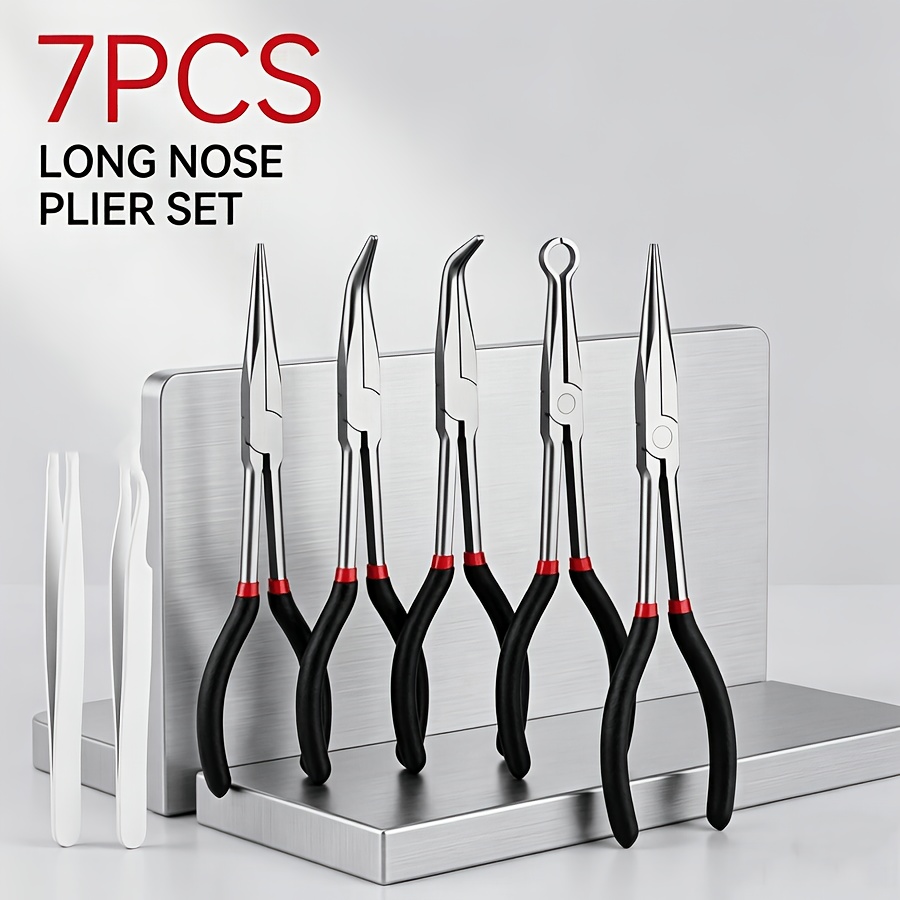 Image of Long Reach Pliers Set 7pcs Mechanic Extension Pliers With Non Slip Grip Cross Hatch Teeth Wire Bending Hand Tools For Tight Spaces