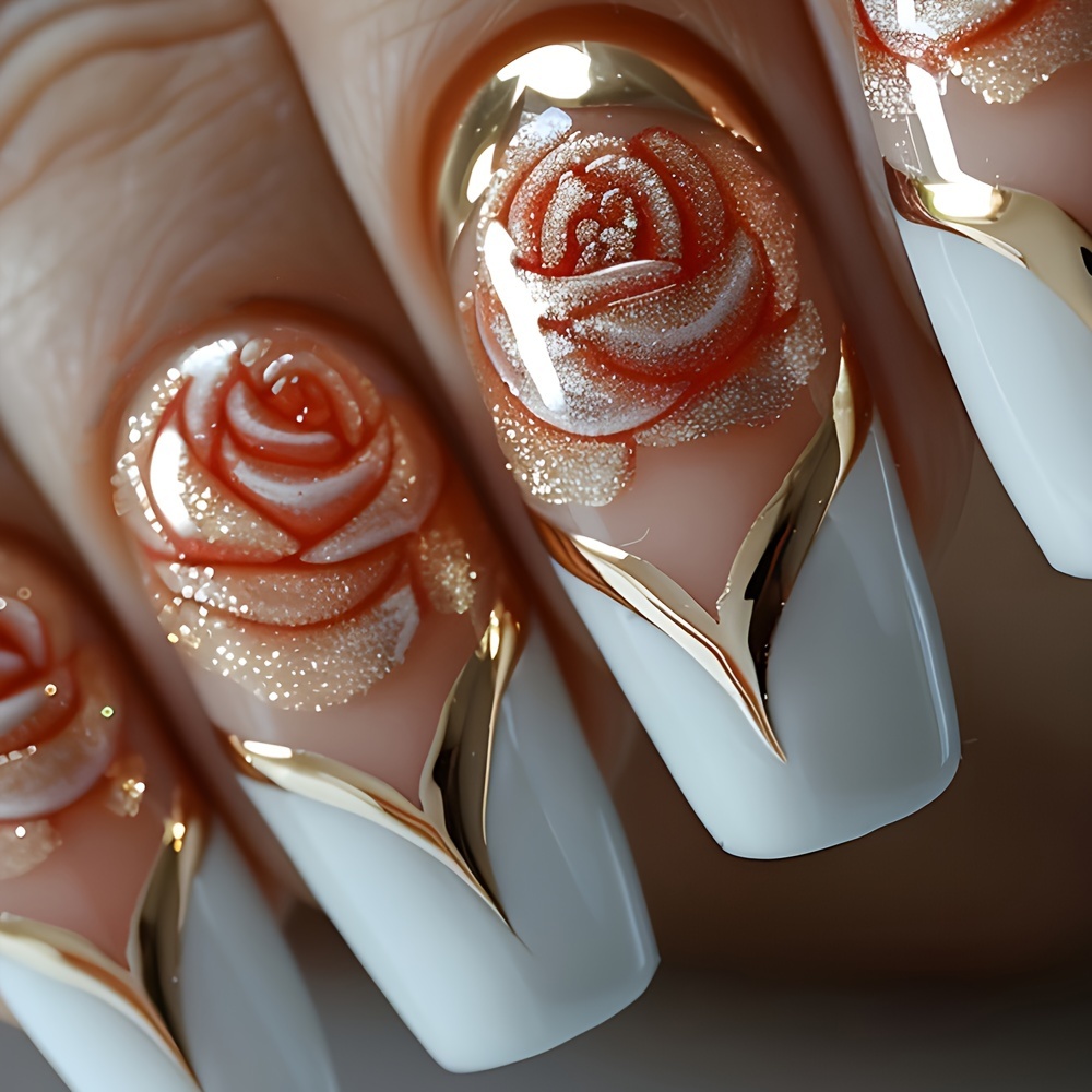 

24pcs Elegant -on Nails With Golden And - Long Coffin Shape, Reusable False Nails For Women And Girls