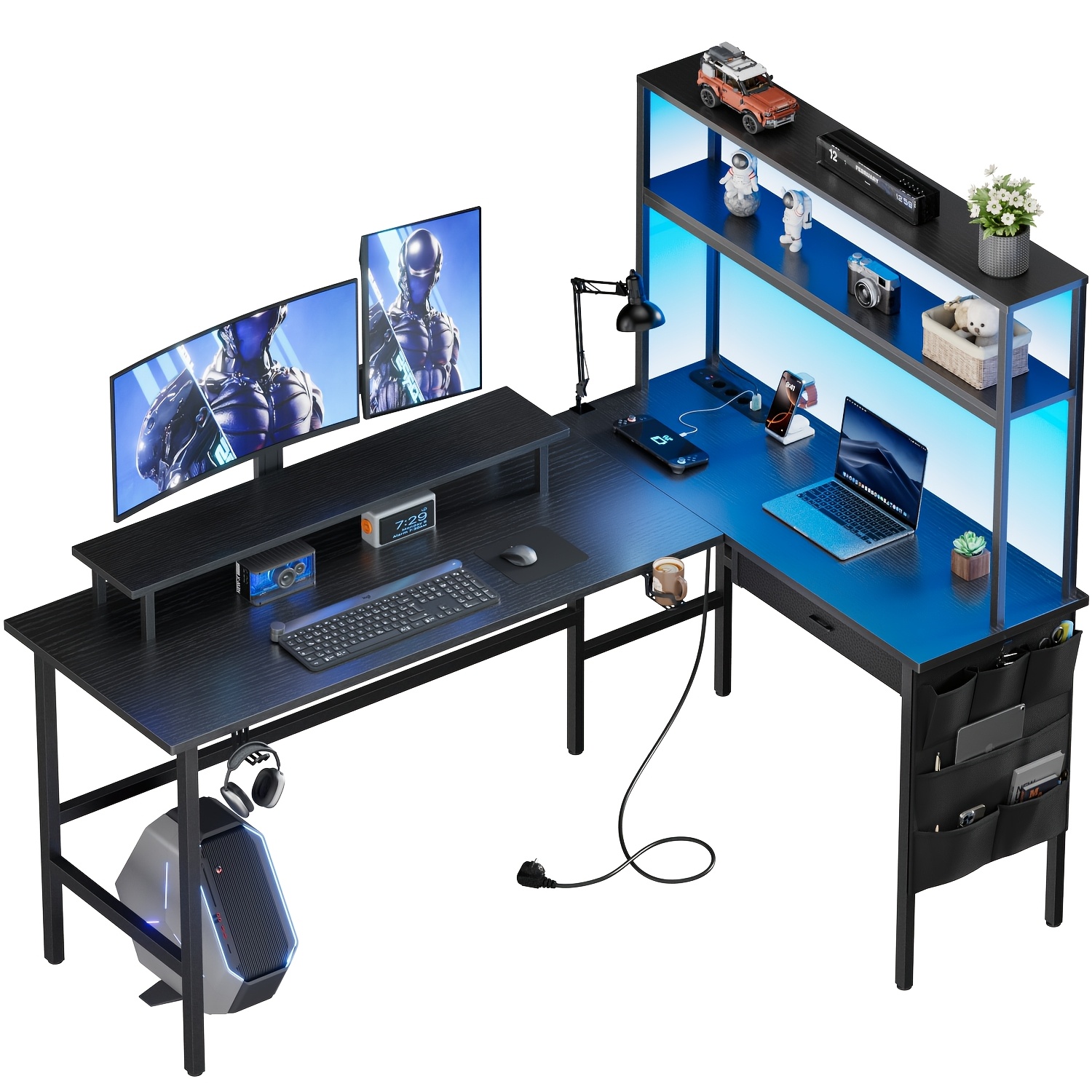 E-shop Reversibler Gaming-Eckschreibtisch mit Steckdose, L-förmiger Computertisch mit Klapp-Ecke, ergonomischer Eckschreibtisch mit Ablagefächern,