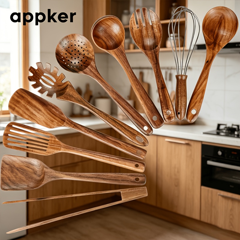 * Küchenhelfer mit Halter, Küchenhölzer zum Kochen, Holzlöffel aus natürlichem Akazienholz zum Kochen, Holz Küchenhelfer Set mit Spatel und Löffel