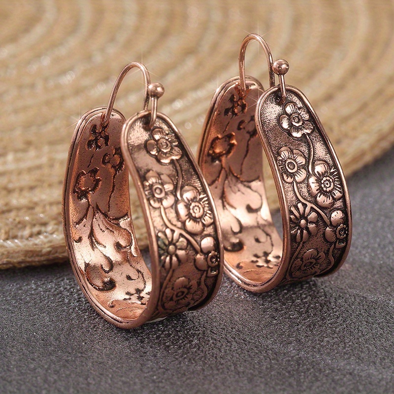 TEMU Yoyo Handmade Boho Hoop Earrings With Engraved Bronze Floral Hoops - -plated Hoops, For Daily Wear, Parties & Christmas Gifts - Vintage Bohemian