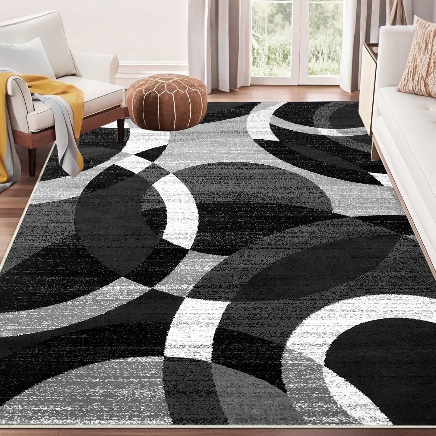 TEMU 1pc Large Abstract Geometric Area Mat - Machine Washable Anti-slip Polyester Mat With Polypropylene Backing, Easy To Handle For Living Room,