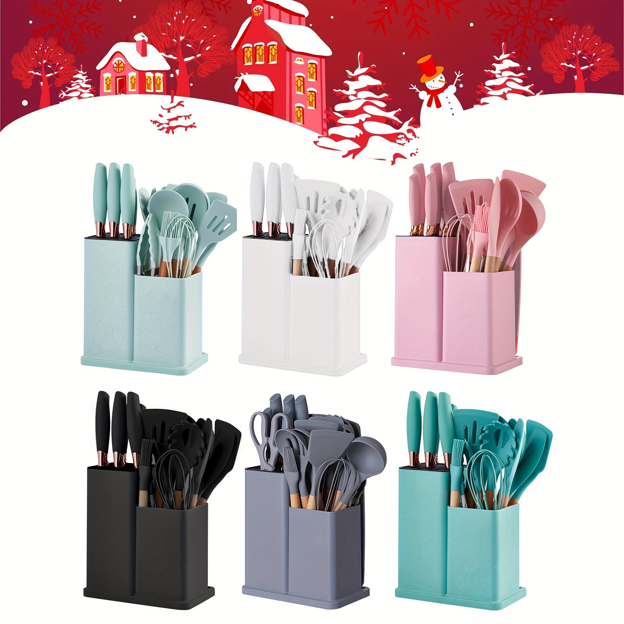 

19pcs Premium Silicone Kitchen Utensil Set With Wooden Handles And Knifes- Heat-resistant, Friendly Cooking Tools & Bamboo Storage Bucket - Gadgets And Cleaning