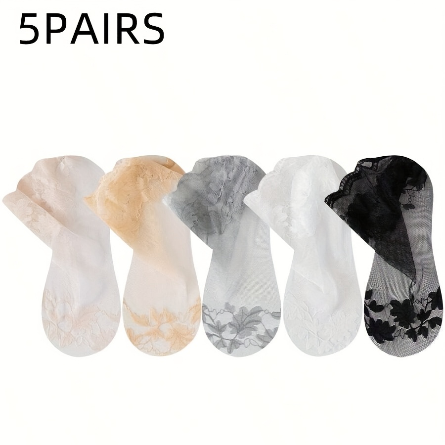 Image of 5 Pairs Of Women's Leaf Lace Invisible Socks, Thin Women's Lace Boat Socks, Hollow Anti Slip Shallow Socks For Women, Solid Color.