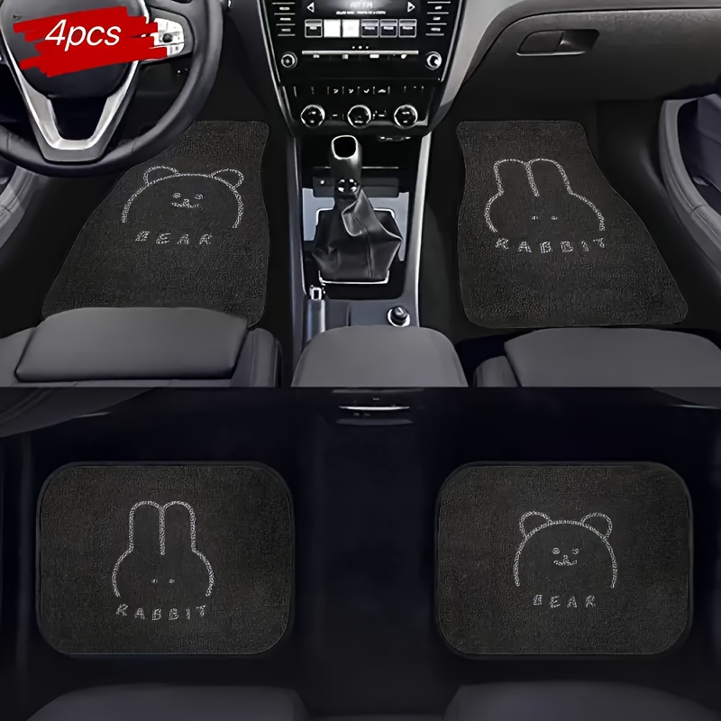 4pcs set universal fit polyester fiber car floor mats with cute bear and rabbit design for sedans suvs and trucks creative theme automotive interior accessories details 1