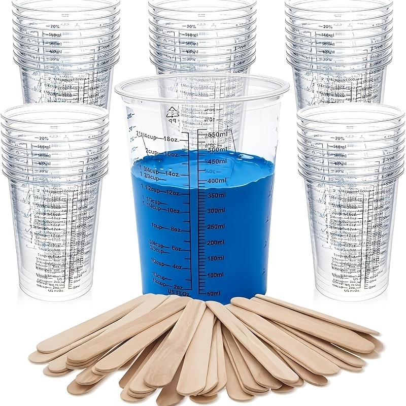 TEMU 50-pack Epoxy Mixing Cups 20 Oz (600 Ml) Disposable Measuring Cups With 50pcs Wooden Stir Sticks, Measurement Ratios: 1:1, 2:1, 3:1, 4:1 For