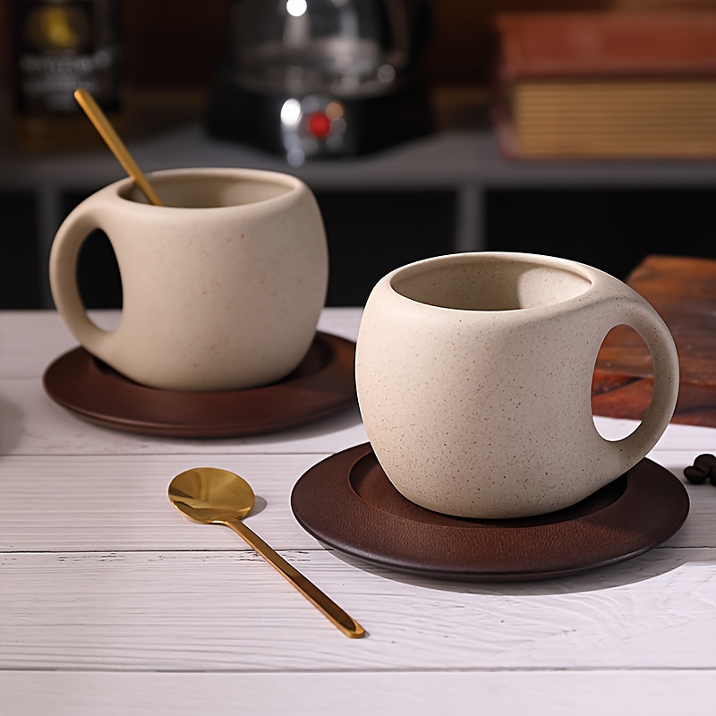 

1pc Ceramic Coffee Cup Saucer Set Retro Latte American Coffee Cup Wooden Coaster Afternoon Tea Cup Saucer Spoon Flower Tea Cup For Cafe