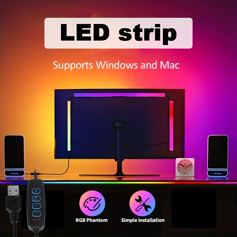 TEMU 3-в-1 RGB компютърна LED лента за гейминг с подсветка - интелигентно осветление, USB захранване, 4-бутонен контрол, регулируеми цветове, лесна