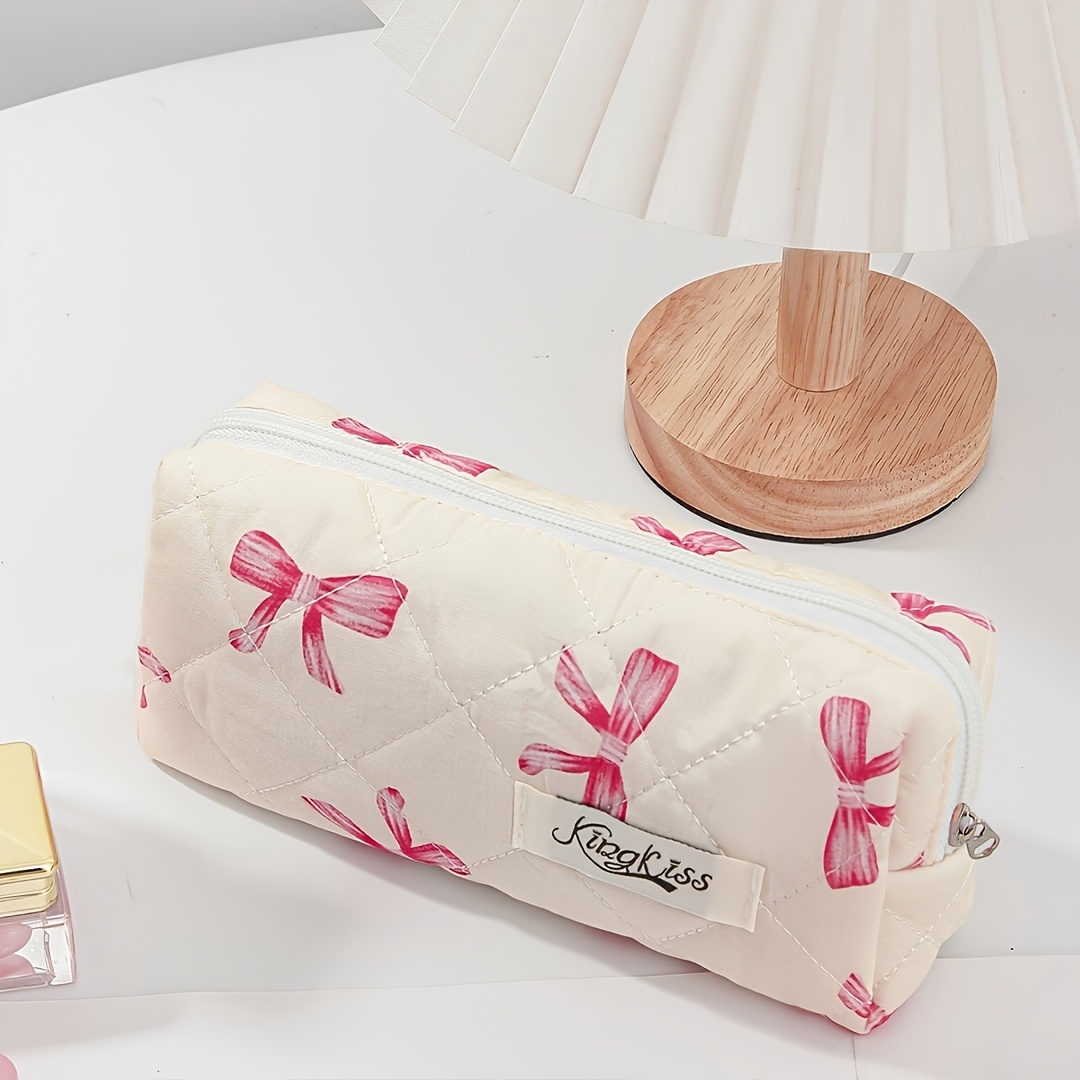 TEMU 1pc Rose Pink Bow- Women's Cosmetic Bag, Large-capacity Travel Toiletry Bag, Skincare Product Organizer, Quilted Polyester Lining For Durability
