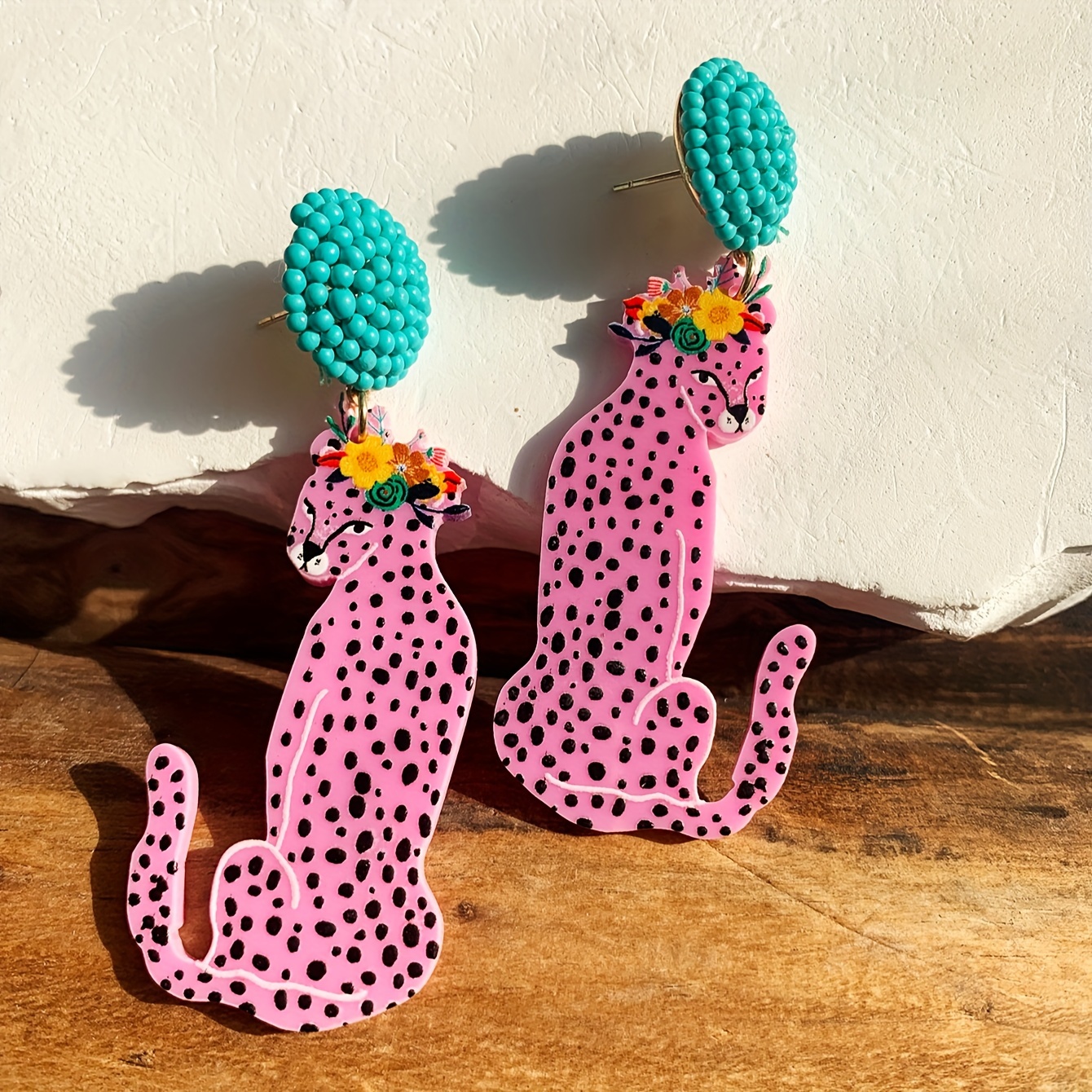 TEMU 1 Paire de Boucles d'Oreilles Pendantes Artisanales à Imprimé Léopard en Perles, Thème Animalier en Acrylique avec Tiges en Acier Inoxydable,