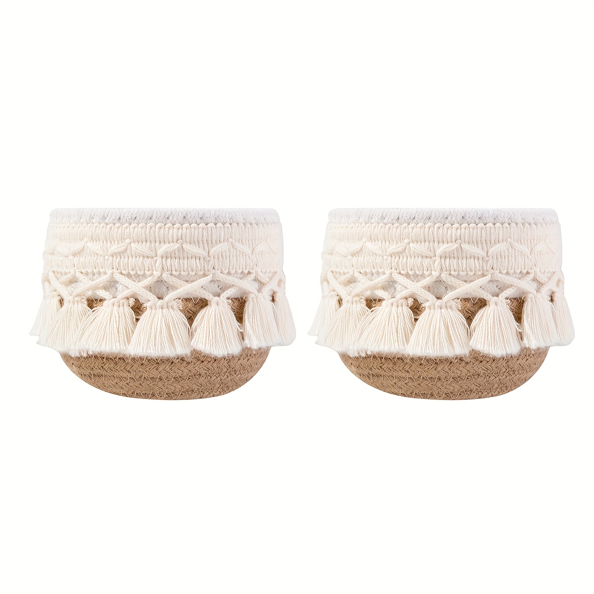 2pcs Woven Storage Basket Set, Suitable For Desktop Organization, Living Room, Bedroom Storage. Cute Tassel Design For Small Items , Shelf Baskets