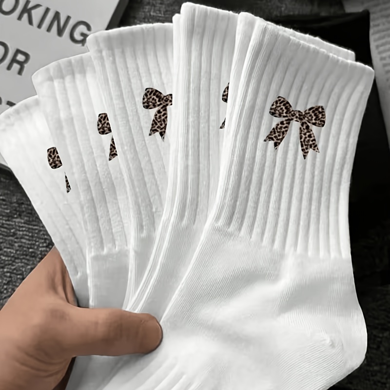 TEMU 5 Paar Damen Wadenhohe Socken, Herbst/Winter Gestrickt, Bequem, Weich, Warm, Vielseitig, Leopardenmuster mit Schleife, Schwarz Weiß, mit ,