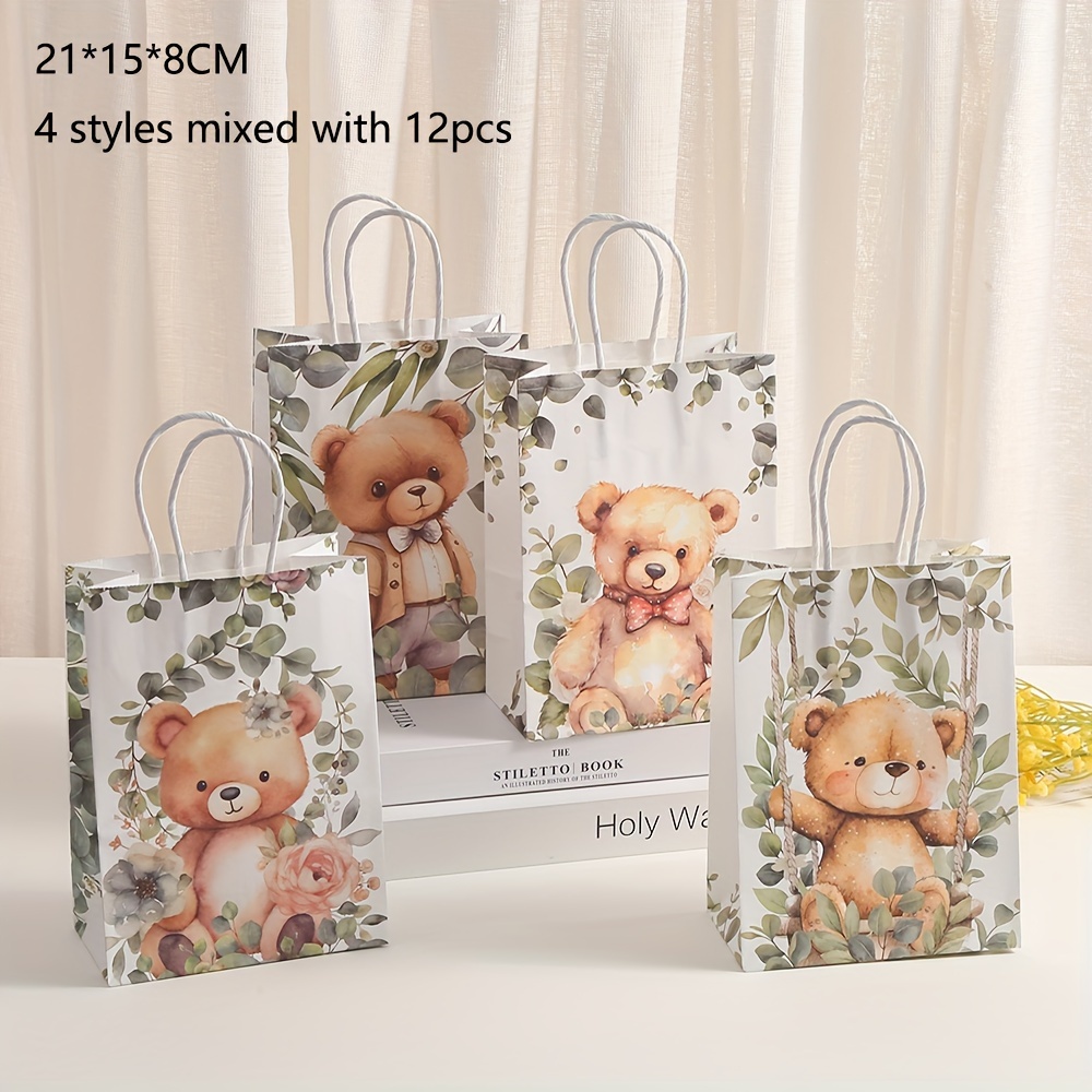 

Elegant Teddy Bear Themed Gift Bags – 12 Pack Assorted Paper Party Favor Bags With Handles For Birthday, Holidays, And Celebrations – Gentleman Bear Design Party Supplies