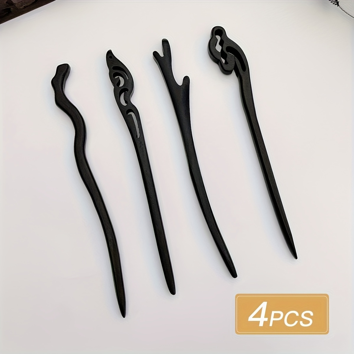 4pcs Versatile Black Wooden Hairpins, Retro Style