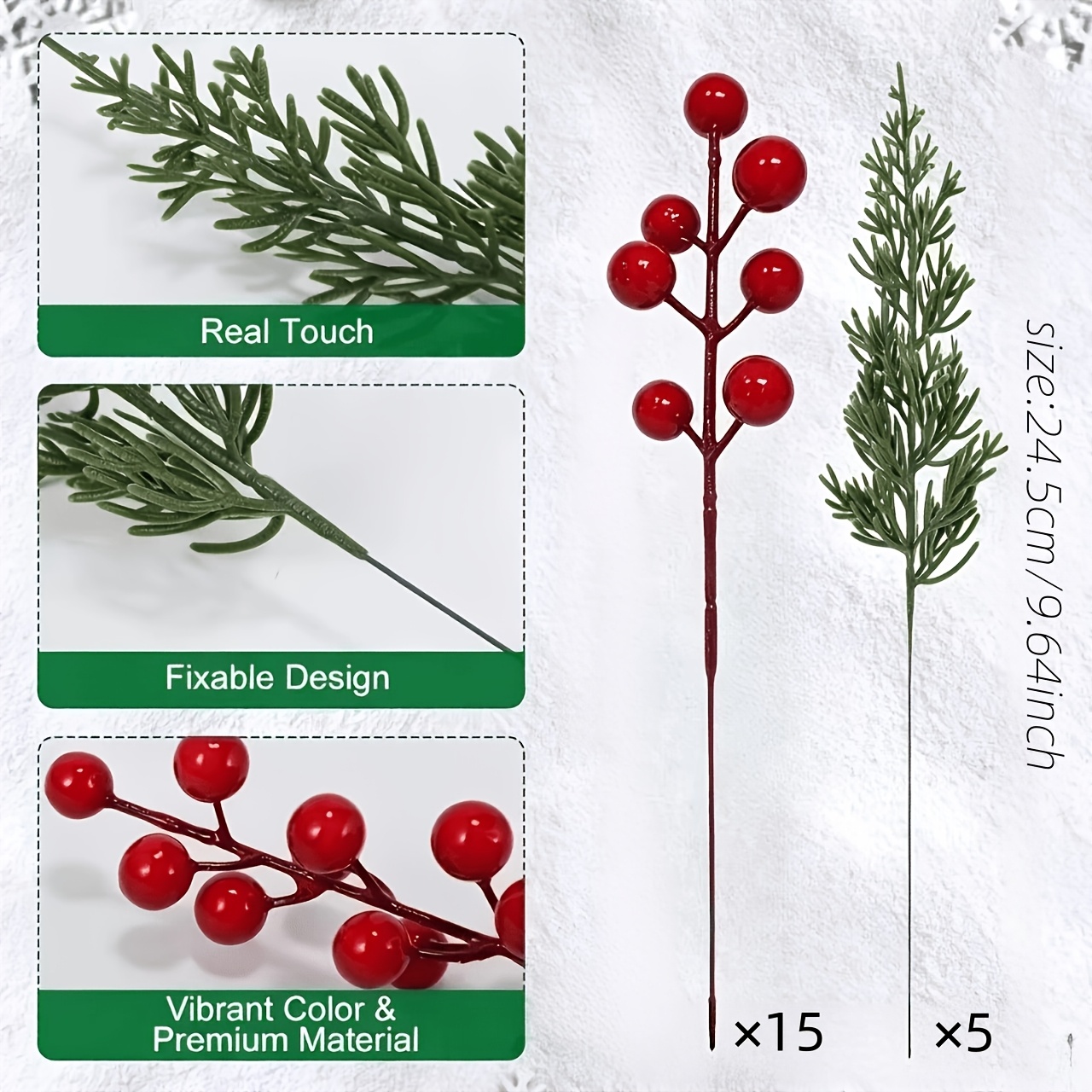TEMU 20pcs Artificial Christmas Branches With Red Berries - Includes 15pcs Green Branches And 5pcs Berry Ornaments, Ideal For Christmas Wreaths,
