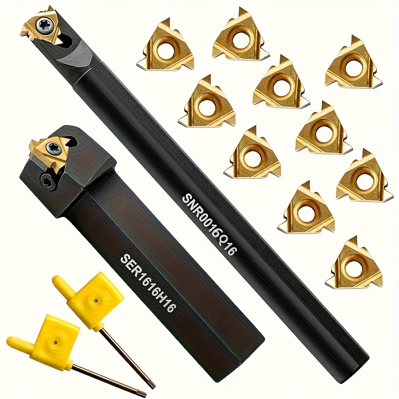 Image of 2pcs Arbors+10pcs Blades Ser1616h16, Snr0016q16, Rotary Cutter, Cnc Turning Tool, 16er, 16ir, Cemented Carbide Thread Blade, Suitable For: Cylindrical And Inner Hole Thread